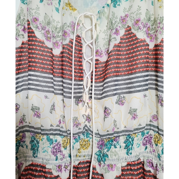 FREE PEOPLE Prairie Floral Dress, Cottage, Crisscross Drawstring,Shirred Waist - Picture 3 of 9